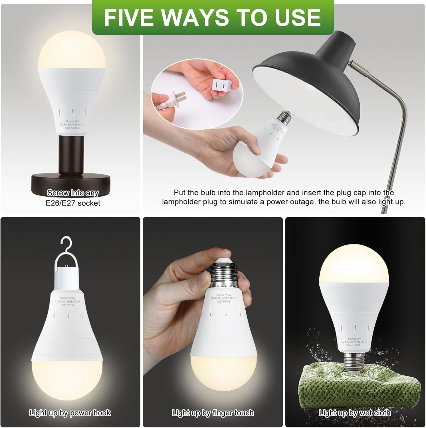 6 Pack Rechargeable Emergency Light Bulbs, Battery Powered LED Light Bulb 3000K Warm E26 120 Volt 9W 60W Equivalent with 1200Mah for Home Power Outage Camping Hurricane