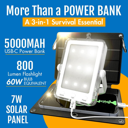 3-In-1 Solar Survival Kit, Emergency Flashlight with 5000Mah USB-C Power Bank & 7W Solar Panel for Power Outages, Camping, and Emergency Preparedness
