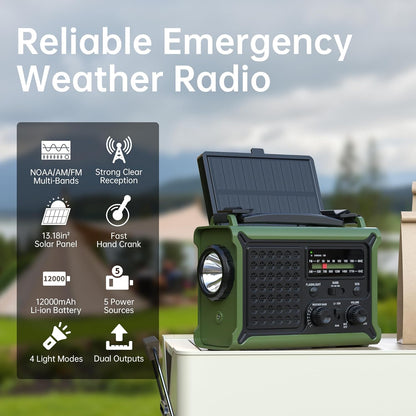 Ultimate Solar-Powered Emergency Radio with 12000mAh Battery, AM/FM/NOAA Reception, SOS Alarm, and Dual LED Flashlight for All Your Outdoor Adventures
