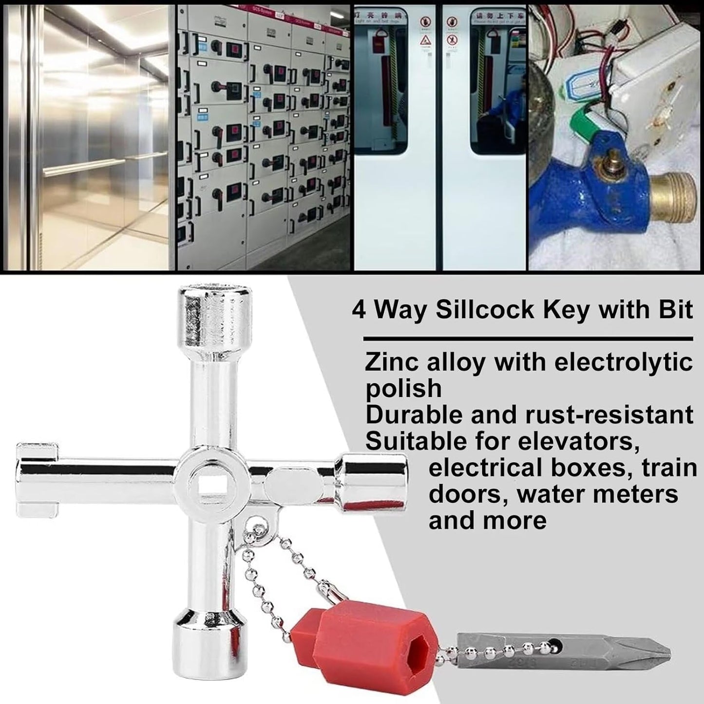 4 Way Sillcock Key Set, Equipped with Bits,Multi Functional Water Key, Cross Key,Water Shut off Tool, Water Spigot Key, Suitable for Valve, Faucet and Spigots, Pack of 2