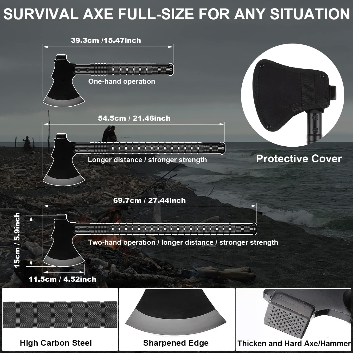 Survival Shovel Survival Axe, Camping Folding Shovels Hatchet with 19.2-37.8Inch Lengthened Handle Enlarged Shovelhead High Carbon Steel with Storage Pouch for Camping Cycling Hiking