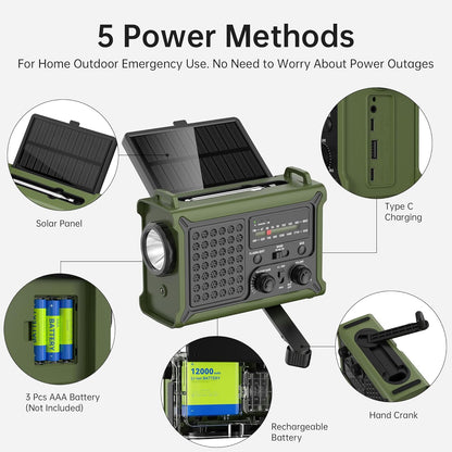 Ultimate Solar-Powered Emergency Radio with 12000mAh Battery, AM/FM/NOAA Reception, SOS Alarm, and Dual LED Flashlight for All Your Outdoor Adventures