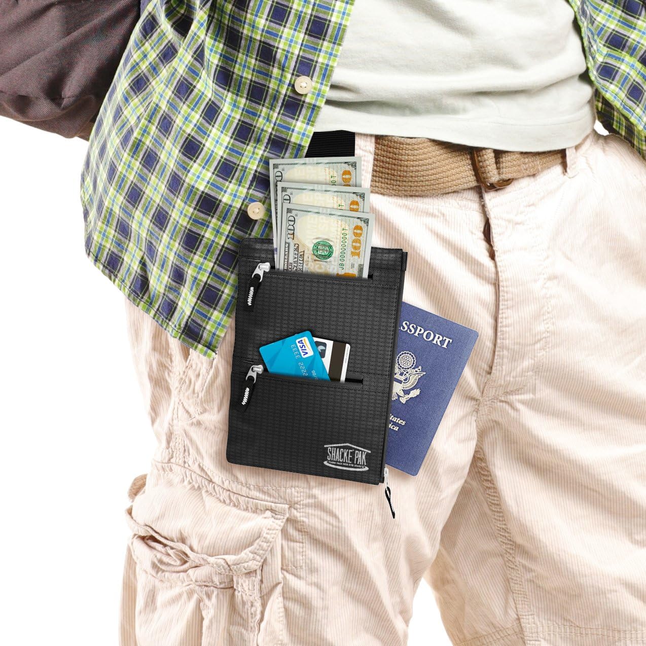 Stay Secure and Stylish with the Hidden Travel 2-in-1 Black Belt Wallet - RFID Blocking Neck Pouch for Passport and Essentials