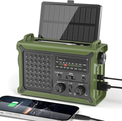Ultimate Solar-Powered Emergency Radio with 12000mAh Battery, AM/FM/NOAA Reception, SOS Alarm, and Dual LED Flashlight for All Your Outdoor Adventures