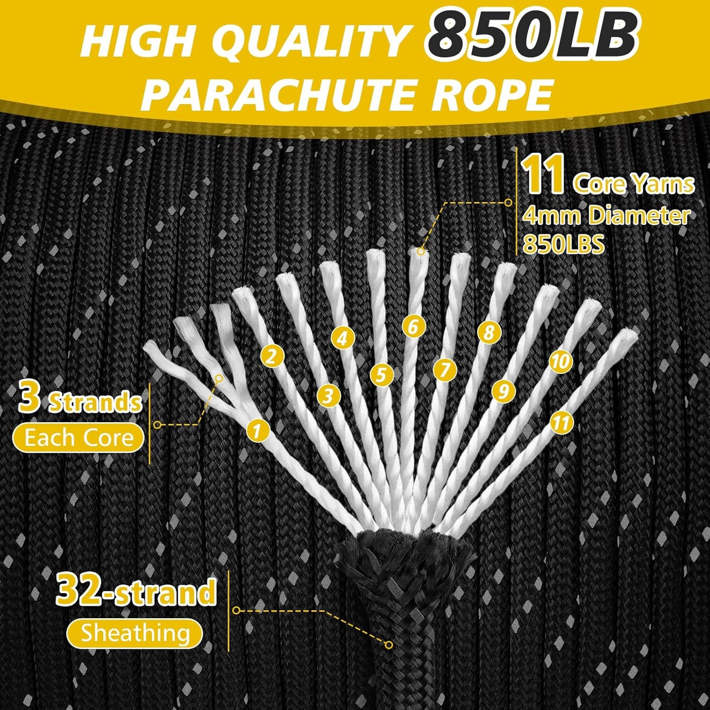 Reflective Paracord Rope 850Ib, 50/100/200/500/1000Ft 4MM 11 Strand Para Cords Lanyard Utility Parachute Cord for Tent Camping Hiking Survival Tactical Clothesline DIY Projects, Black 100FT
